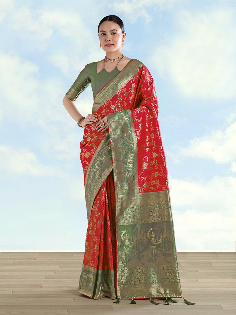 Red Baanrasi Silk Saree With Zari Woven Design - Monjolika Fashion