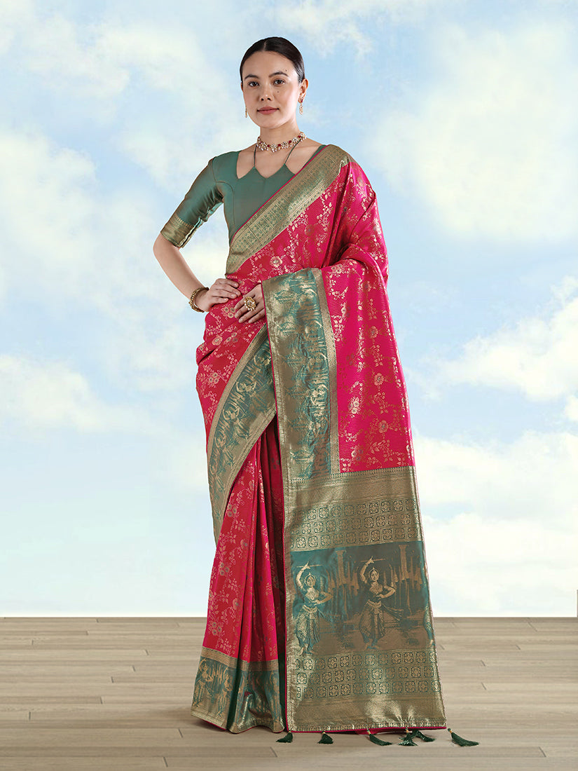Rani Pink Baanrasi Silk Saree With Zari Woven Design - Monjolika Fashion