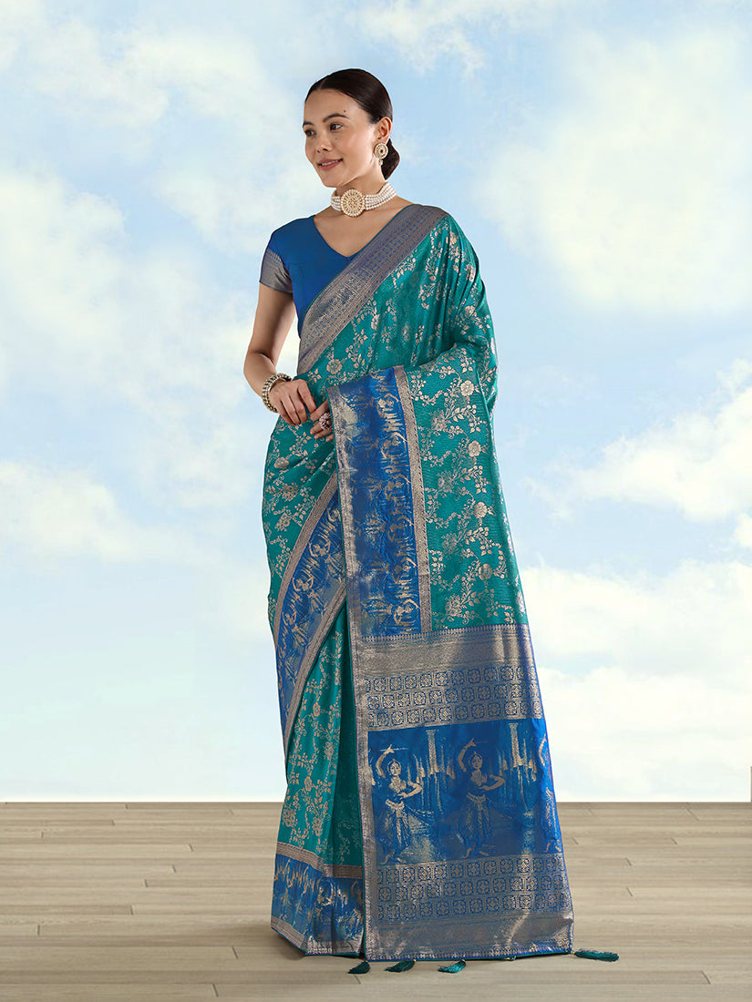 Turquoise Baanrasi Silk Saree With Zari Woven Design - Monjolika Fashion