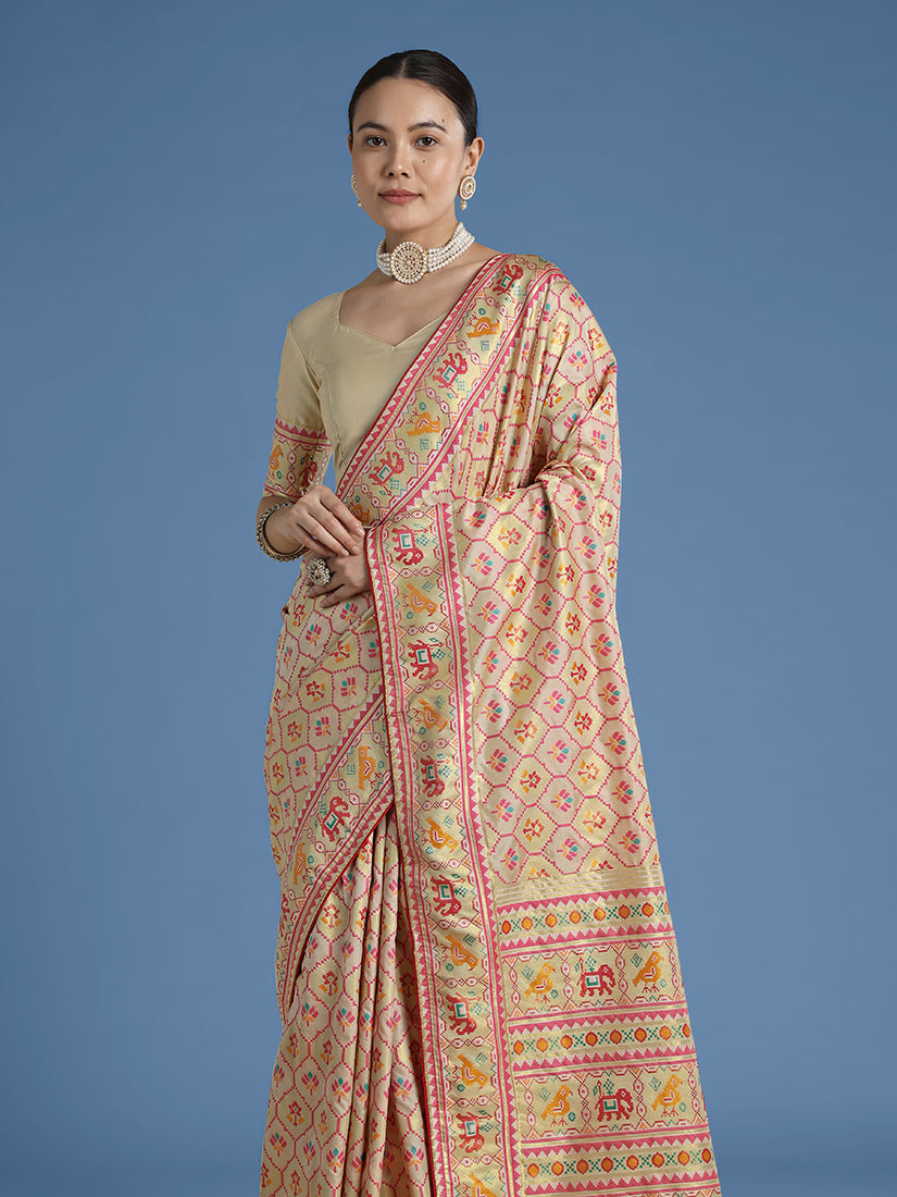 Cream Satin Silk Saree With Patola Work And Elephant Motifs - Monjolika Fashion