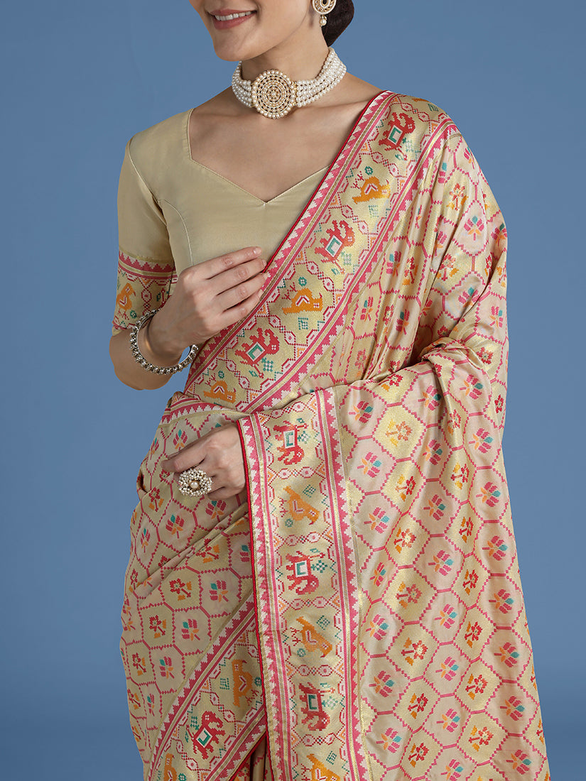 Cream Satin Silk Saree With Patola Work And Elephant Motifs - Monjolika Fashion