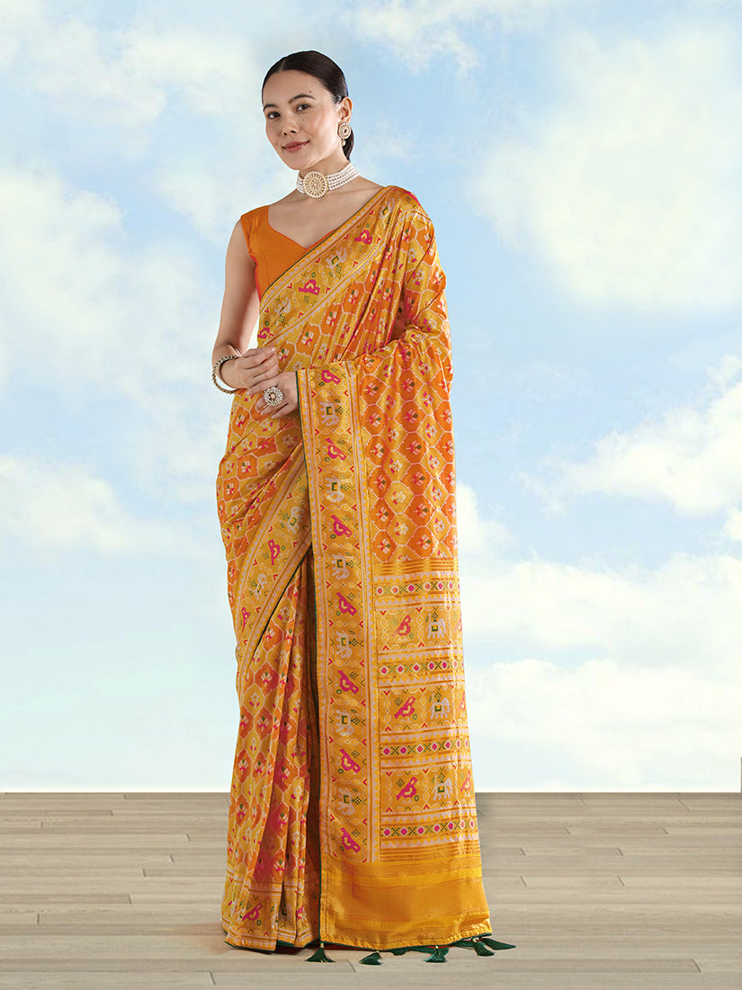 Mustard Satin Silk Saree With Patola Work And Elephant Motifs - Monjolika Fashion
