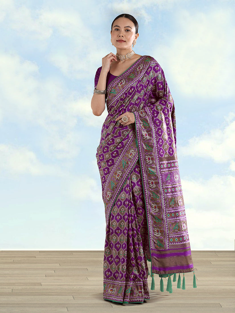 Purple Satin Silk Saree With Patola Work And Elephant Motifs - Monjolika Fashion