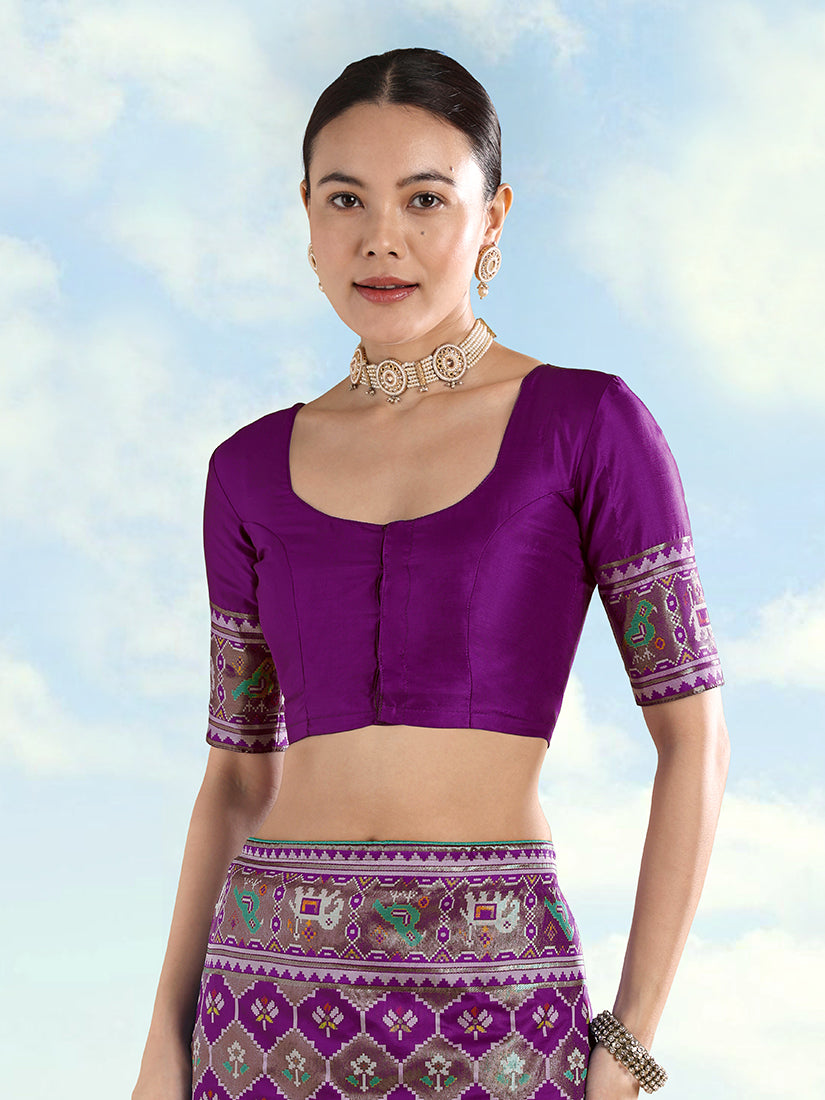 Purple Satin Silk Saree With Patola Work And Elephant Motifs - Monjolika Fashion