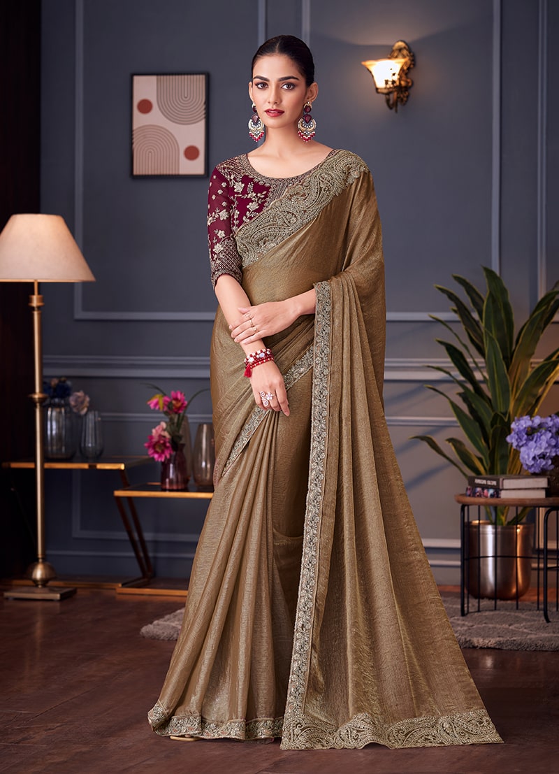Brown Embroidered Double Tone Silk Blend Saree - Monjolika Fashion