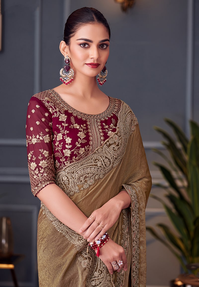 Brown Embroidered Double Tone Silk Blend Saree - Monjolika Fashion