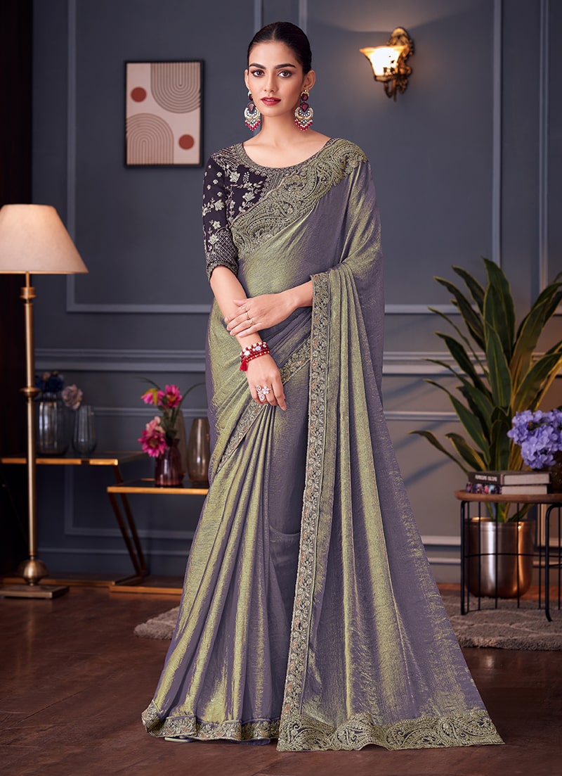 Steel Grey Embroidered Double Tone Silk Blend Saree - Monjolika Fashion