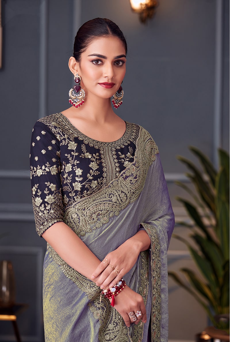 Steel Grey Embroidered Double Tone Silk Blend Saree - Monjolika Fashion