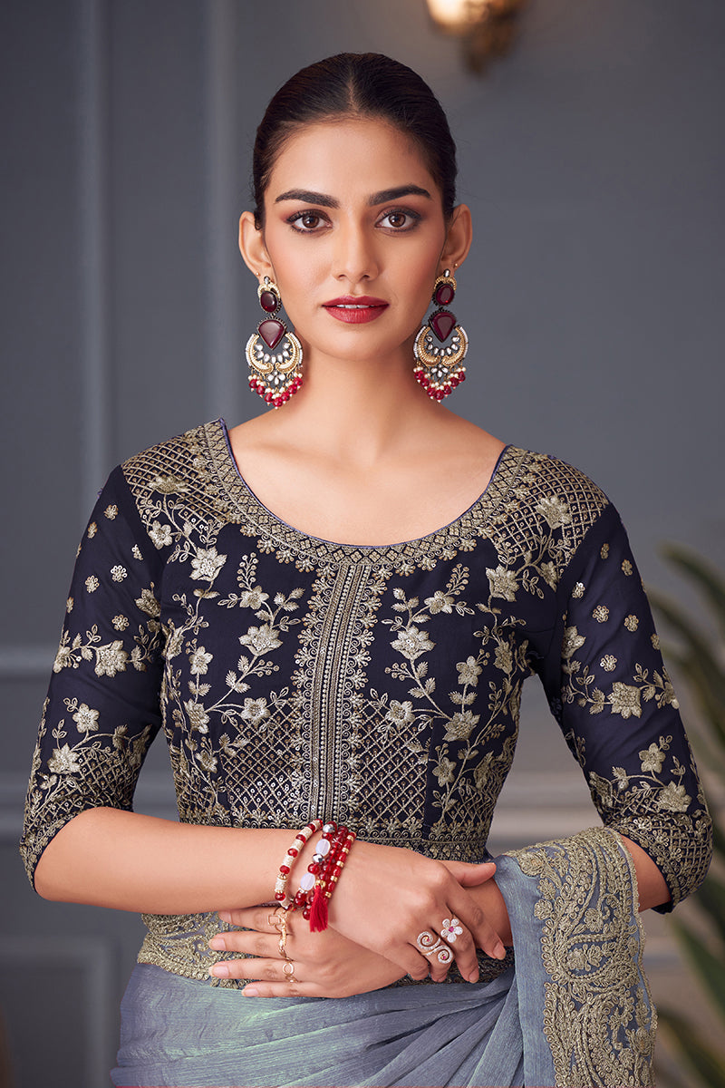 Steel Grey Embroidered Double Tone Silk Blend Saree - Monjolika Fashion