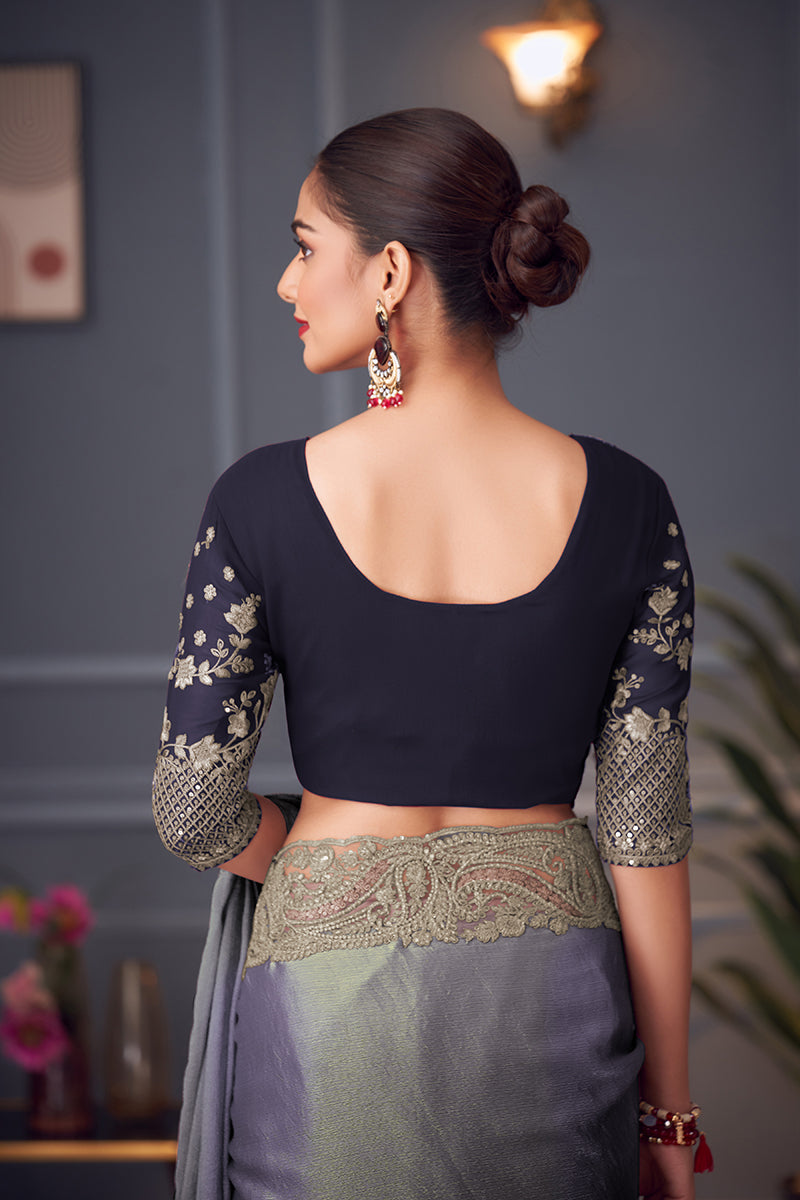 Steel Grey Embroidered Double Tone Silk Blend Saree - Monjolika Fashion