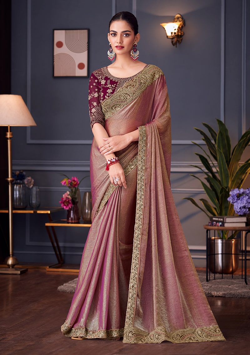 Pink Embroidered Double Tone Silk Blend Saree - Monjolika Fashion