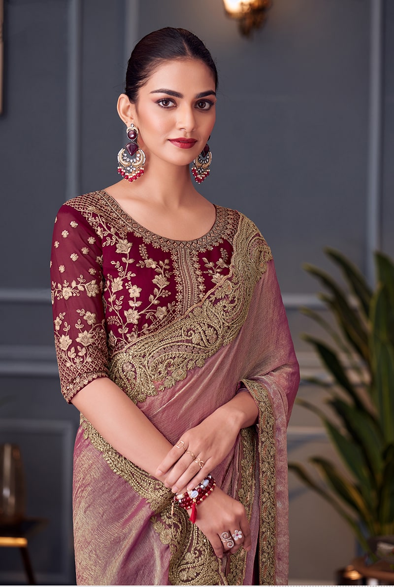 Pink Embroidered Double Tone Silk Blend Saree - Monjolika Fashion