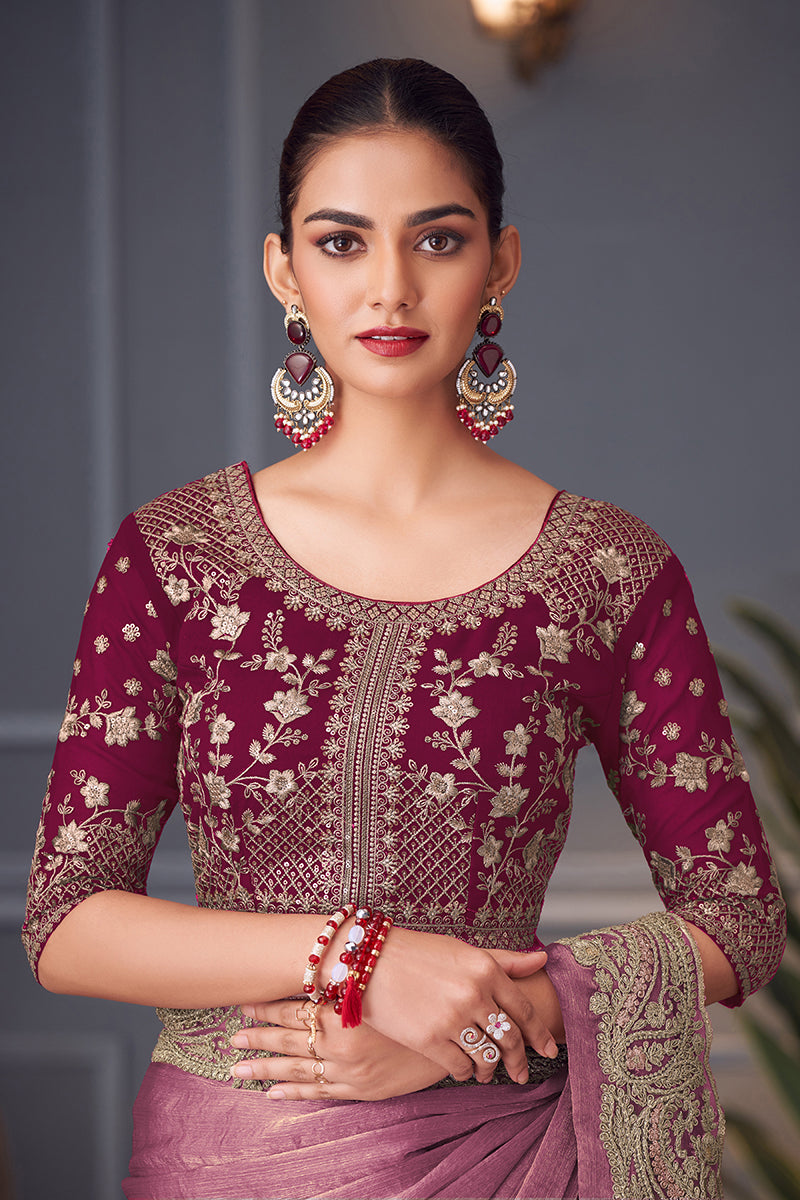 Pink Embroidered Double Tone Silk Blend Saree - Monjolika Fashion