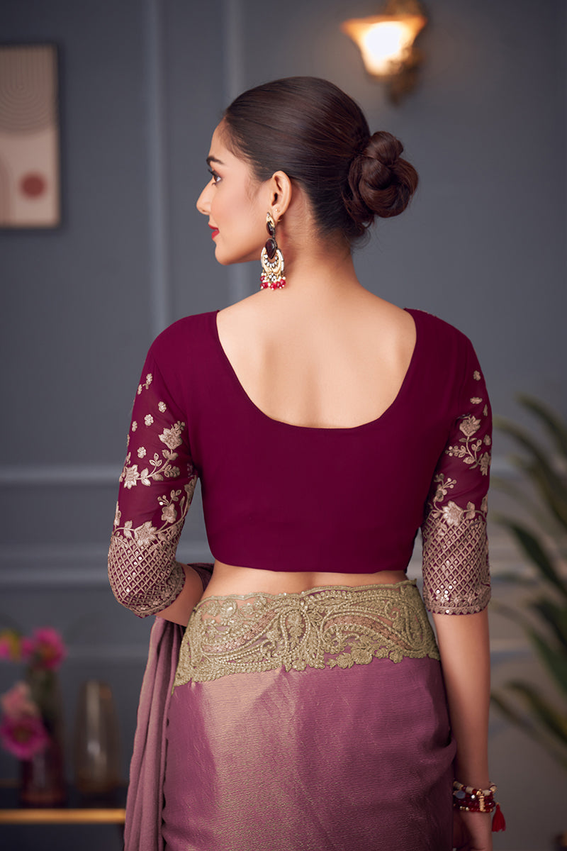Pink Embroidered Double Tone Silk Blend Saree - Monjolika Fashion