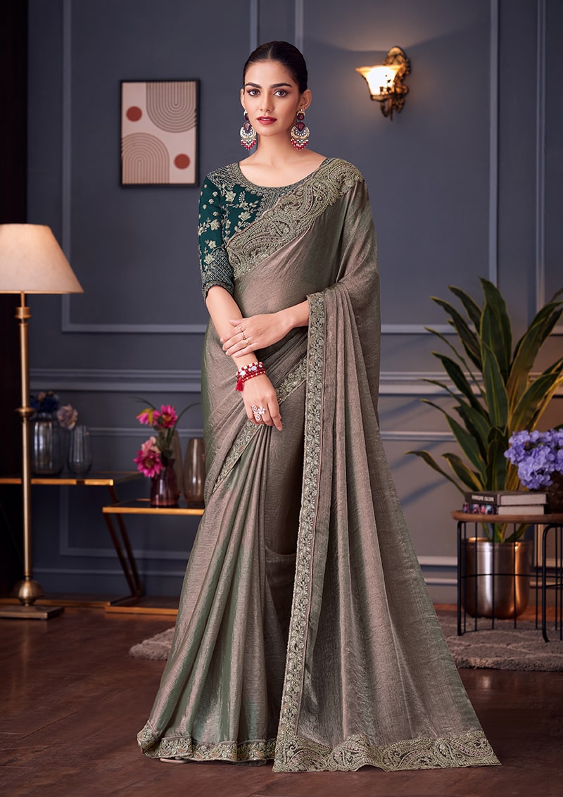 Grey Embroidered Double Tone Silk Blend Saree - Monjolika Fashion