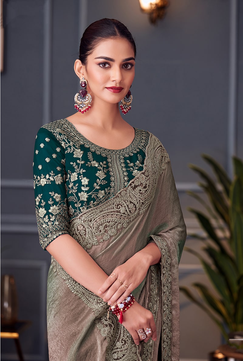 Grey Embroidered Double Tone Silk Blend Saree - Monjolika Fashion