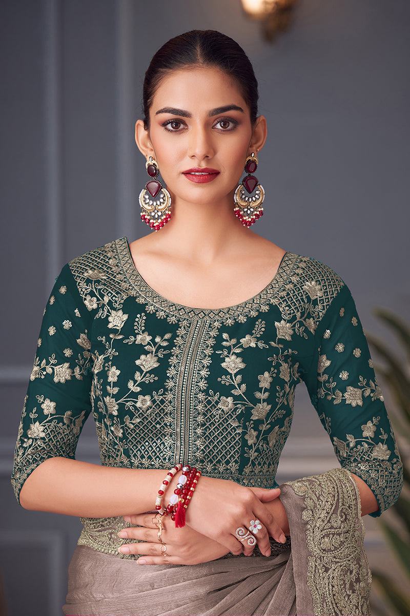 Grey Embroidered Double Tone Silk Blend Saree - Monjolika Fashion