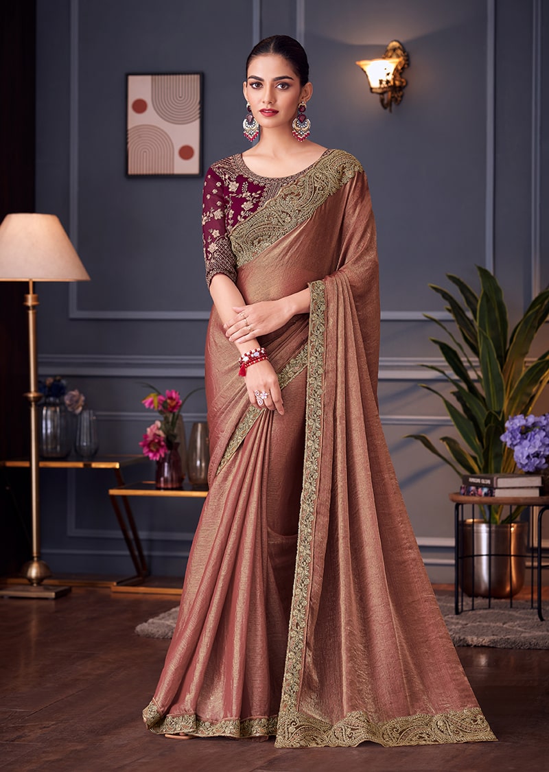 Dark Peach Embroidered Double Tone Silk Blend Saree - Monjolika Fashion