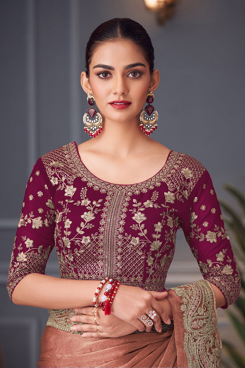 Dark Peach Embroidered Double Tone Silk Blend Saree - Monjolika Fashion
