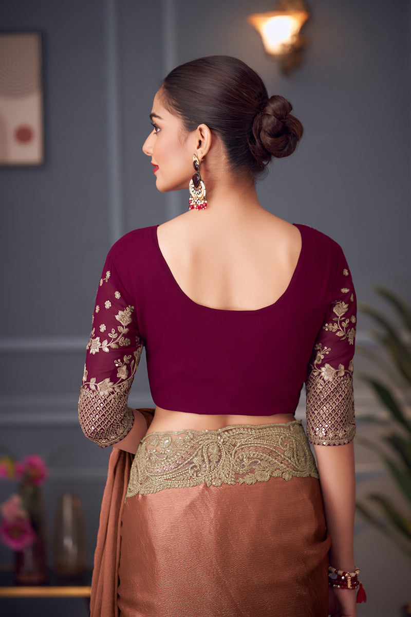 Dark Peach Embroidered Double Tone Silk Blend Saree - Monjolika Fashion