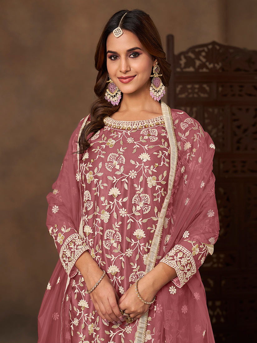 Net Embroidered Onion Pink Sharara Set - Monjolika Fashion