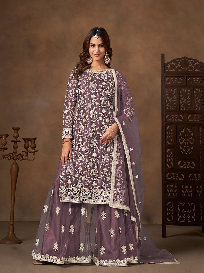 Net Embroidered Lilac Sharara Set - Monjolika Fashion