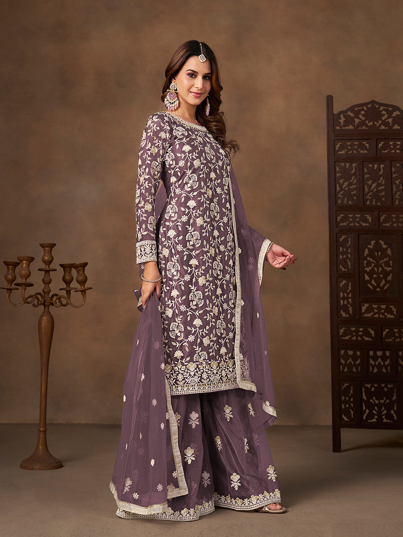 Net Embroidered Lilac Sharara Set - Monjolika Fashion