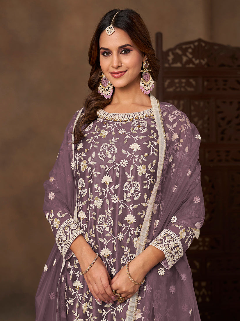 Net Embroidered Lilac Sharara Set - Monjolika Fashion