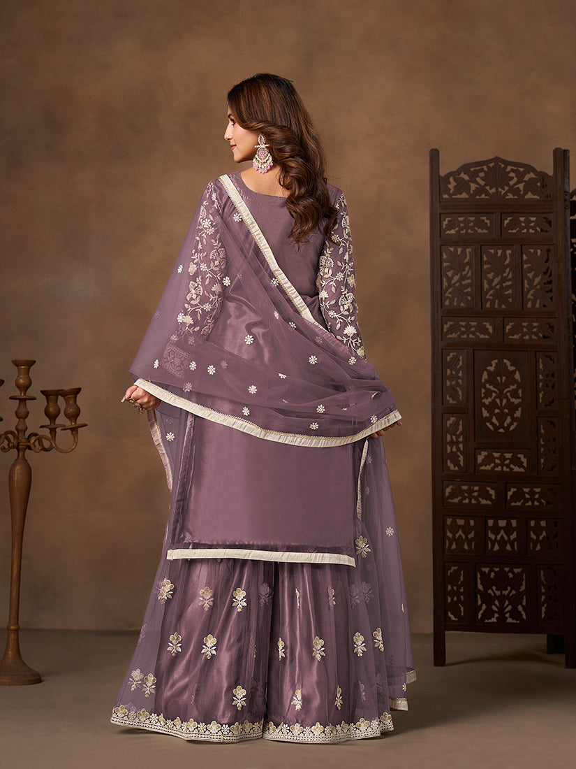 Net Embroidered Lilac Sharara Set - Monjolika Fashion