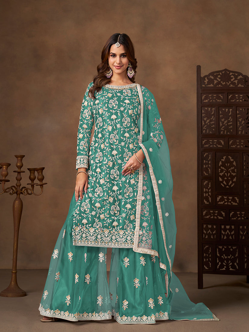 Net Embroidered Turquoise Sharara Set - Monjolika Fashion