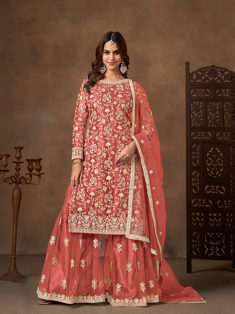 Net Embroidered Coral Sharara Set - Monjolika Fashion