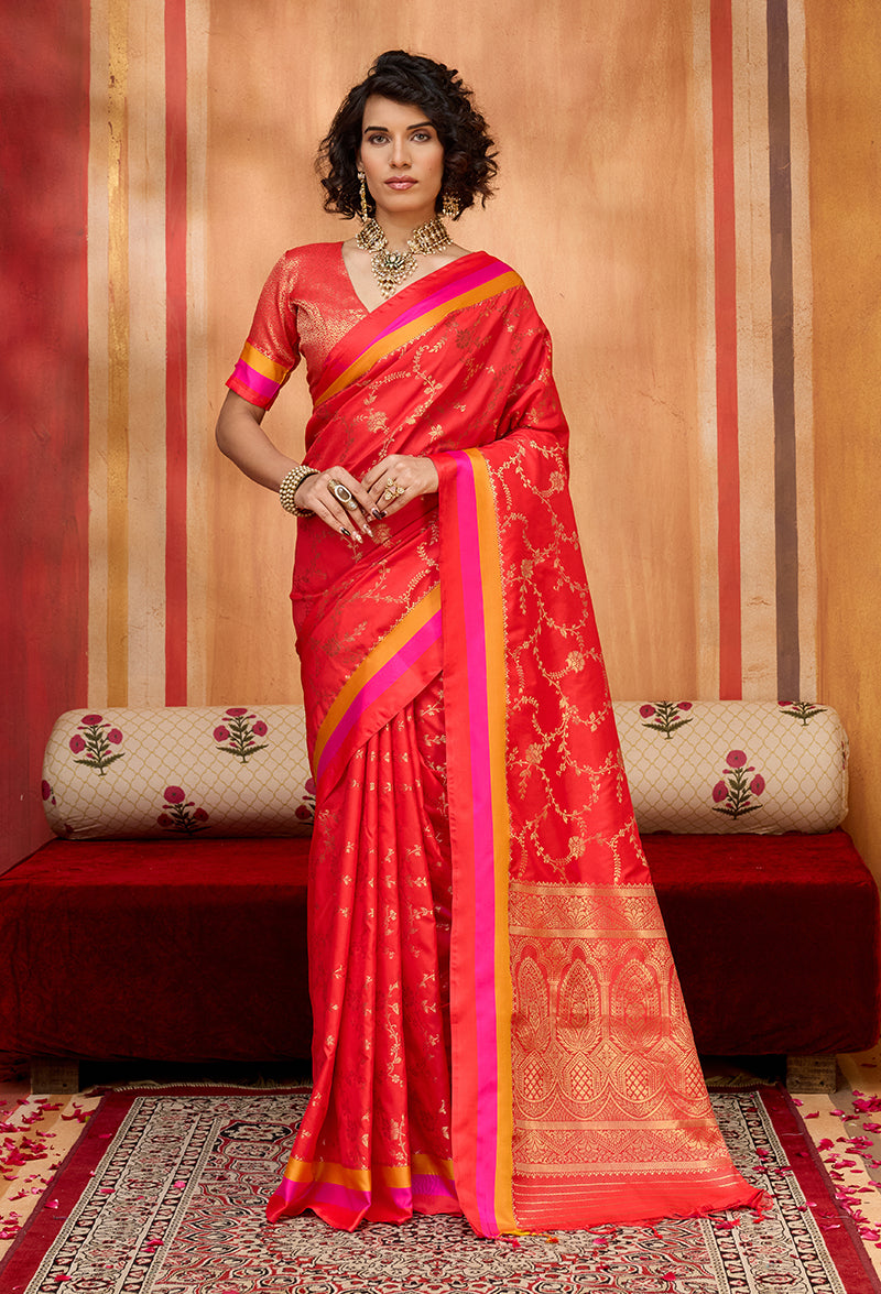 Red Color Satin Silk Weaving Work Saree - Monjolika Fashion