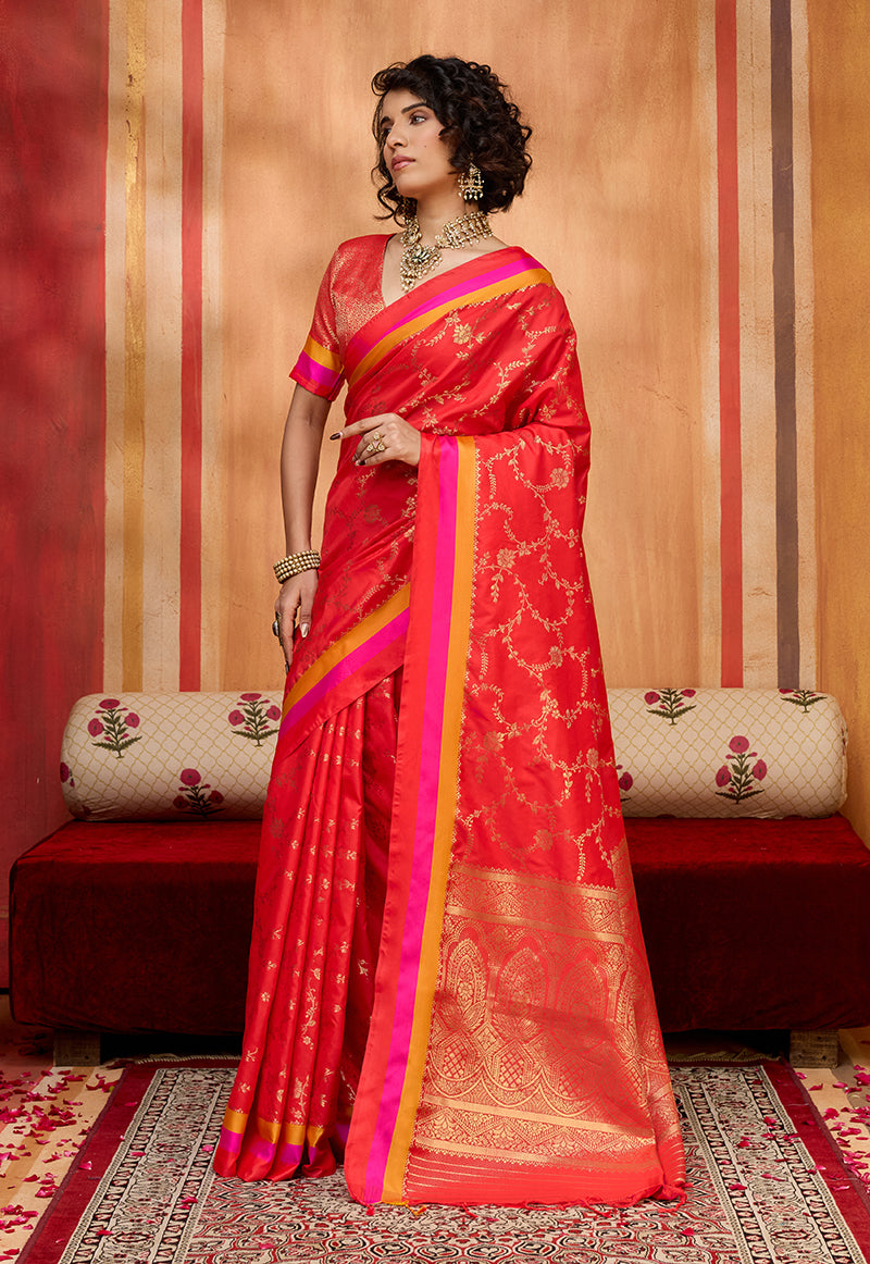 Red Color Satin Silk Weaving Work Saree - Monjolika Fashion