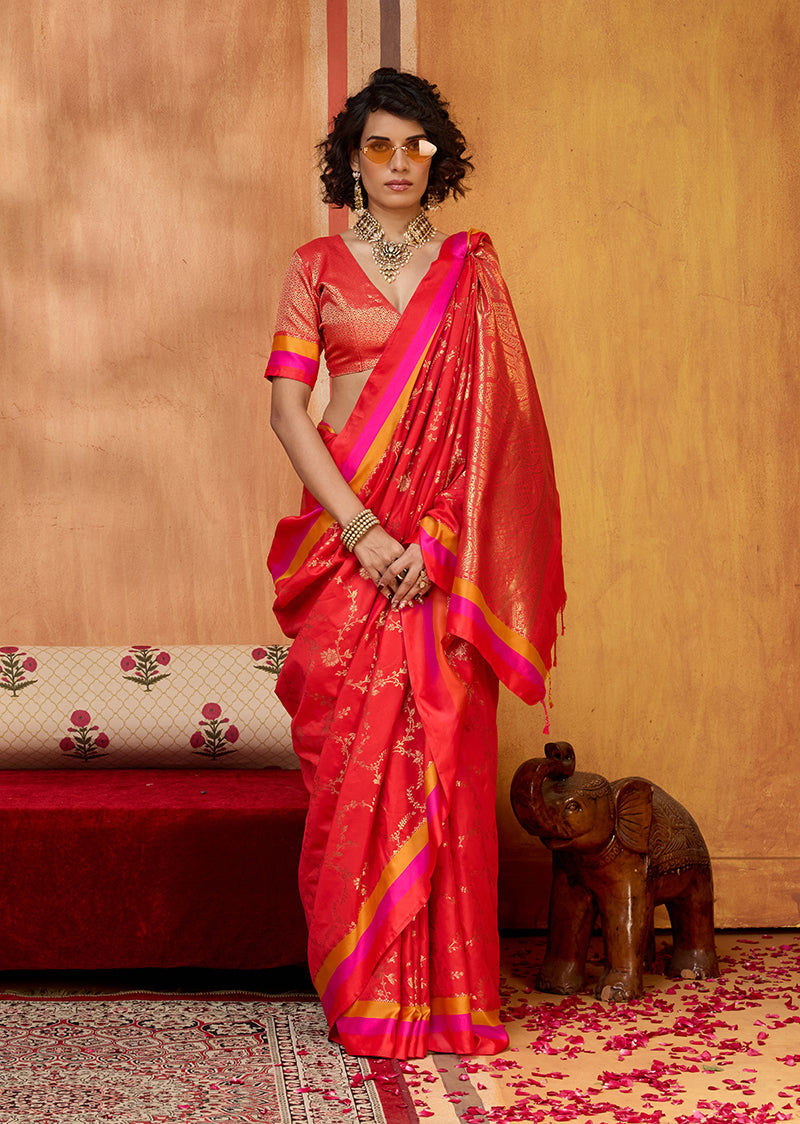 Red Color Satin Silk Weaving Work Saree - Monjolika Fashion