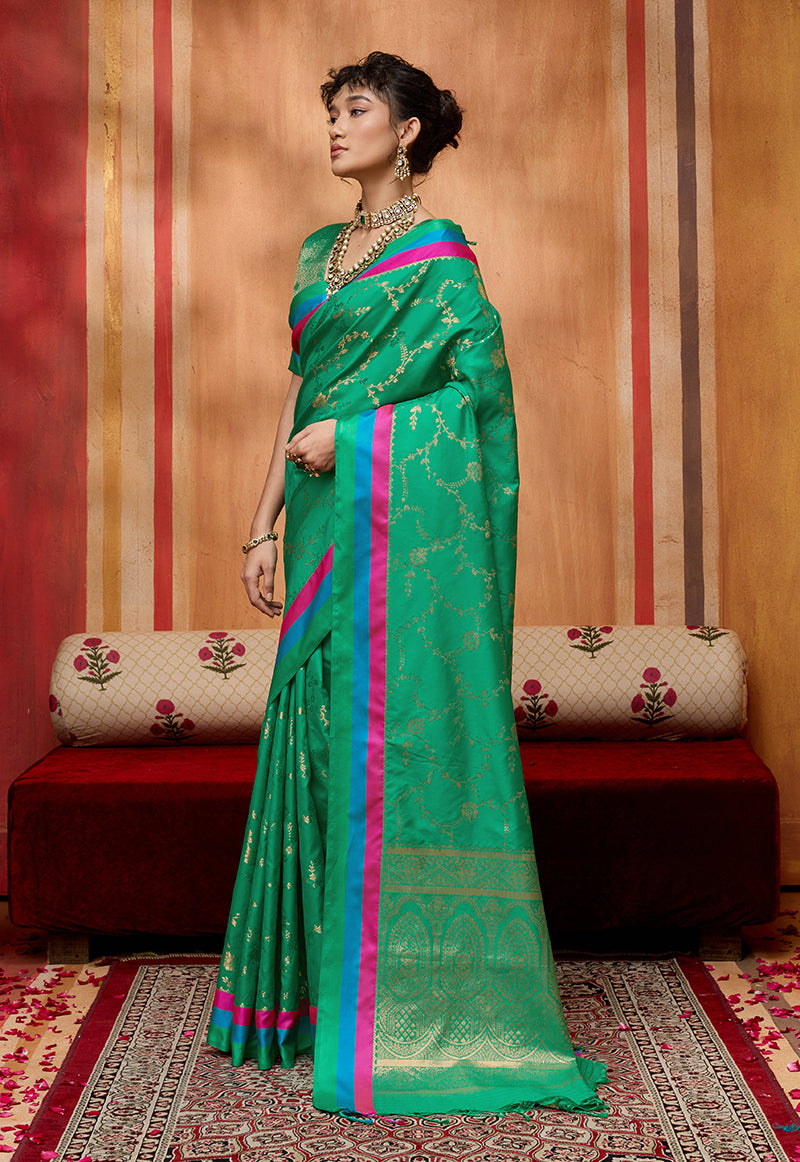 Sea Green Color Satin Silk Weaving Work Saree - Monjolika Fashion