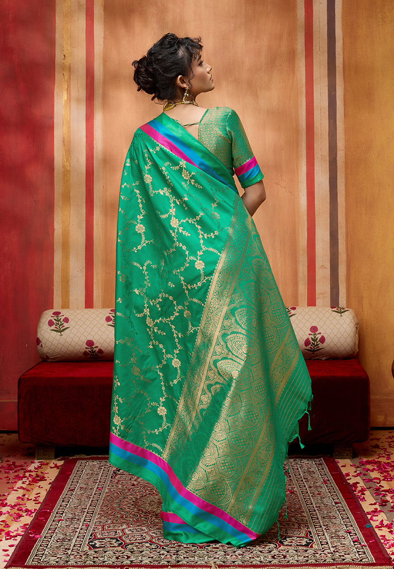 Sea Green Color Satin Silk Weaving Work Saree - Monjolika Fashion