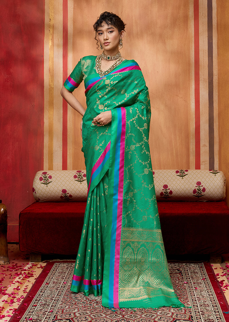 Sea Green Color Satin Silk Weaving Work Saree - Monjolika Fashion