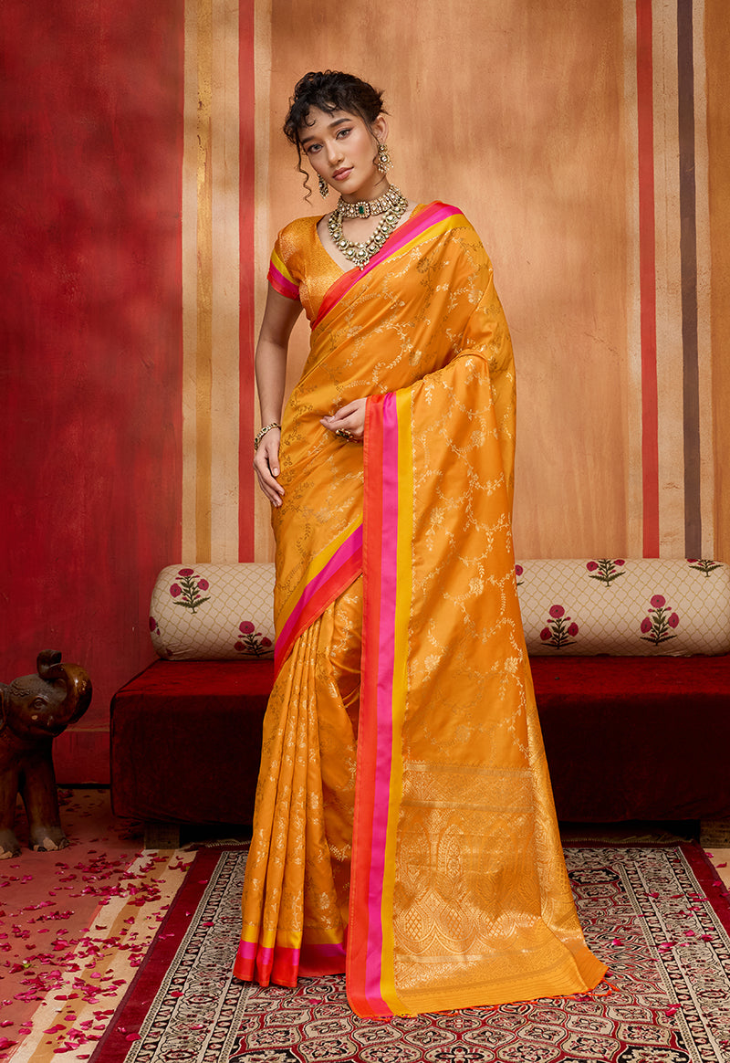 Orange Color Satin Silk Weaving Work Saree - Monjolika Fashion