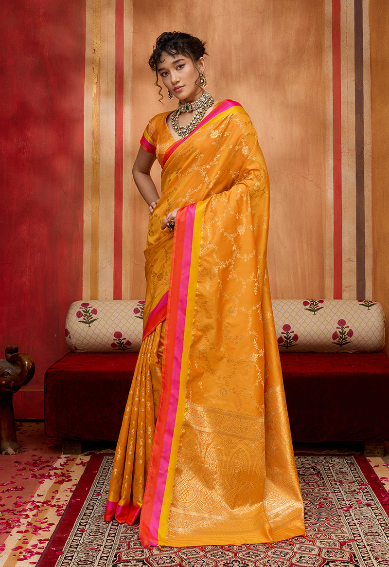 Orange Color Satin Silk Weaving Work Saree - Monjolika Fashion