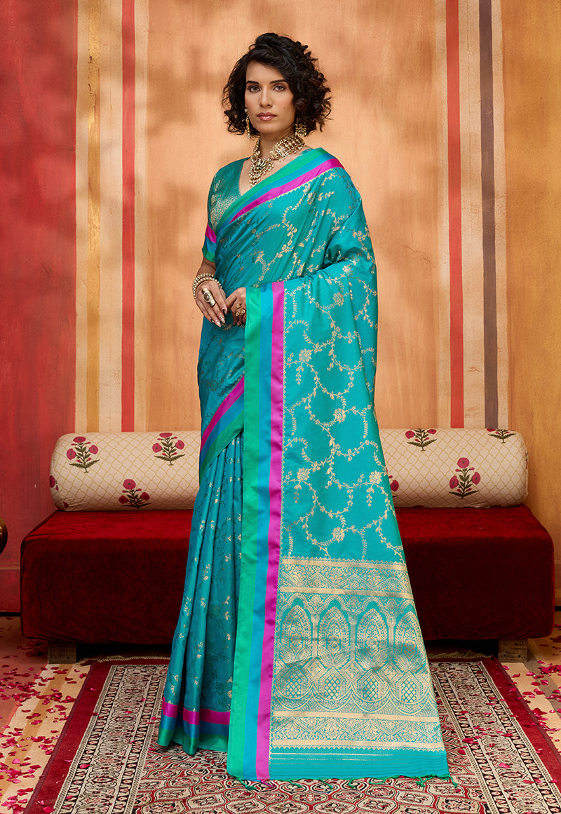 Aqua blue Color Satin Silk Weaving Work Saree - Monjolika Fashion