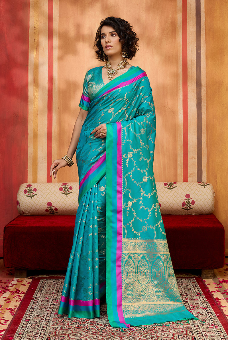 Aqua blue Color Satin Silk Weaving Work Saree - Monjolika Fashion