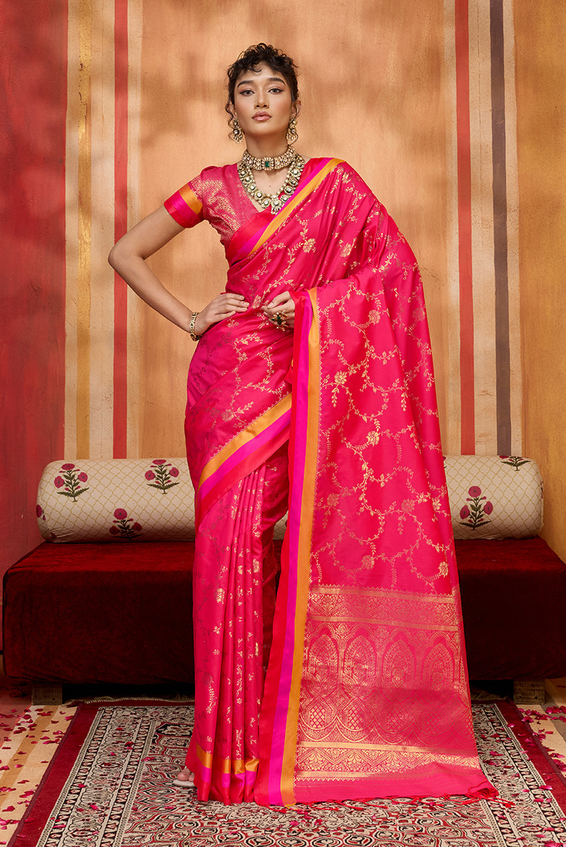 Rani Pink Color Satin Silk Weaving Work Saree - Monjolika Fashion