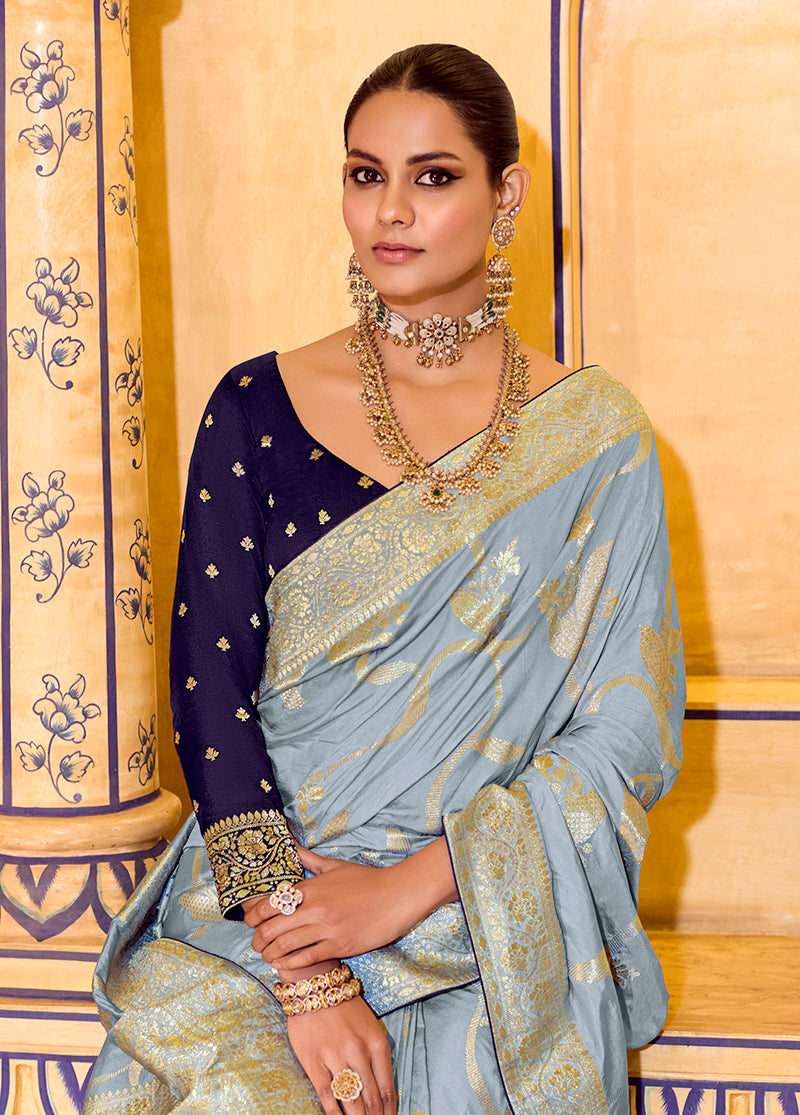 Light Blue Crepe Silk with Zari Weaving Saree - Monjolika Fashion