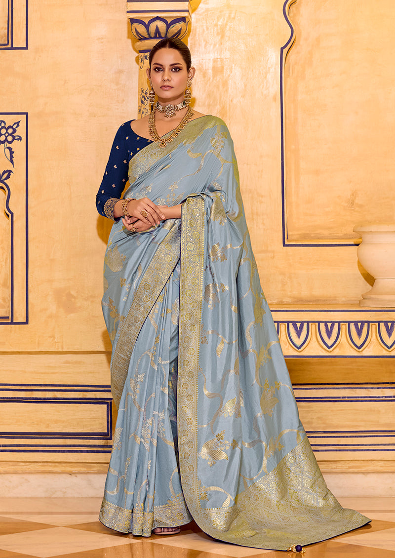 Light Blue Crepe Silk with Zari Weaving Saree - Monjolika Fashion