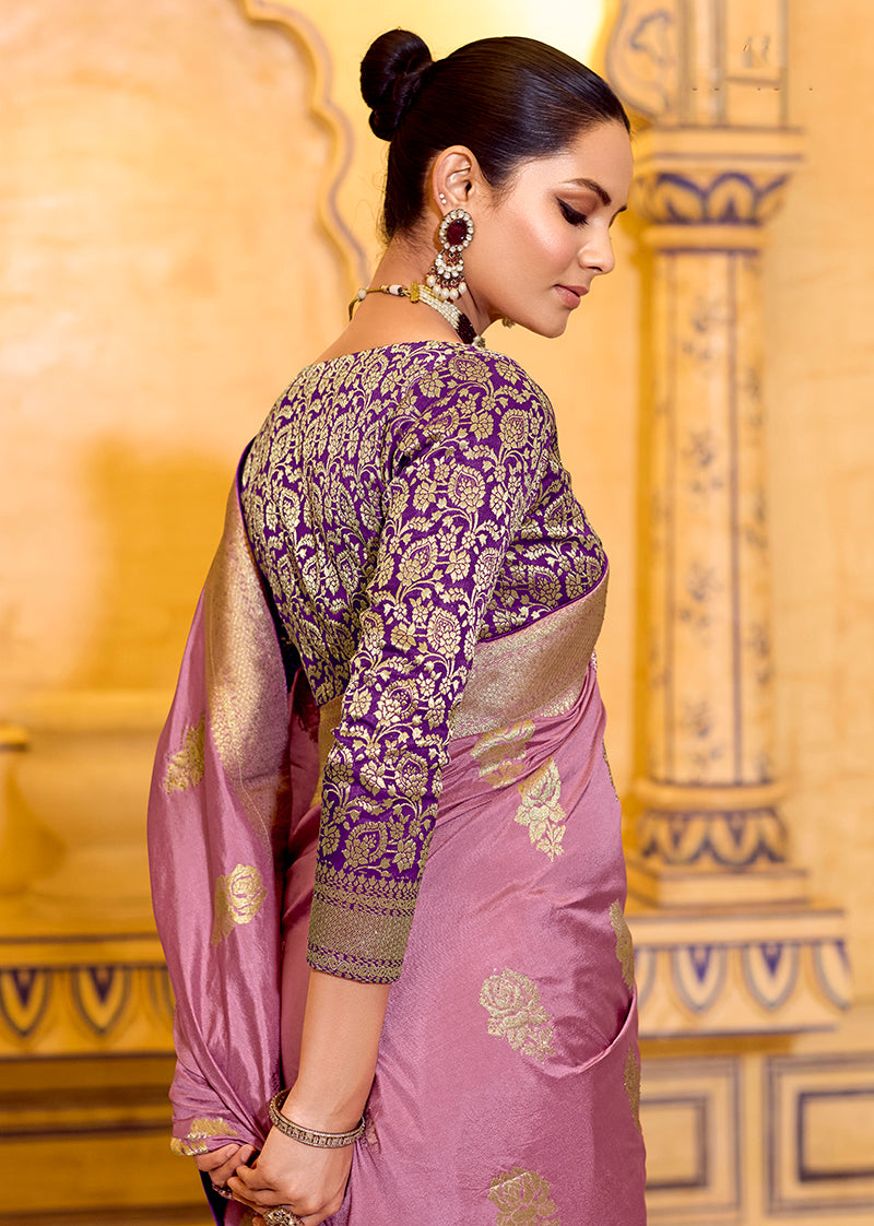 Onion Pink Crepe Silk with Zari Weaving Saree - Monjolika Fashion