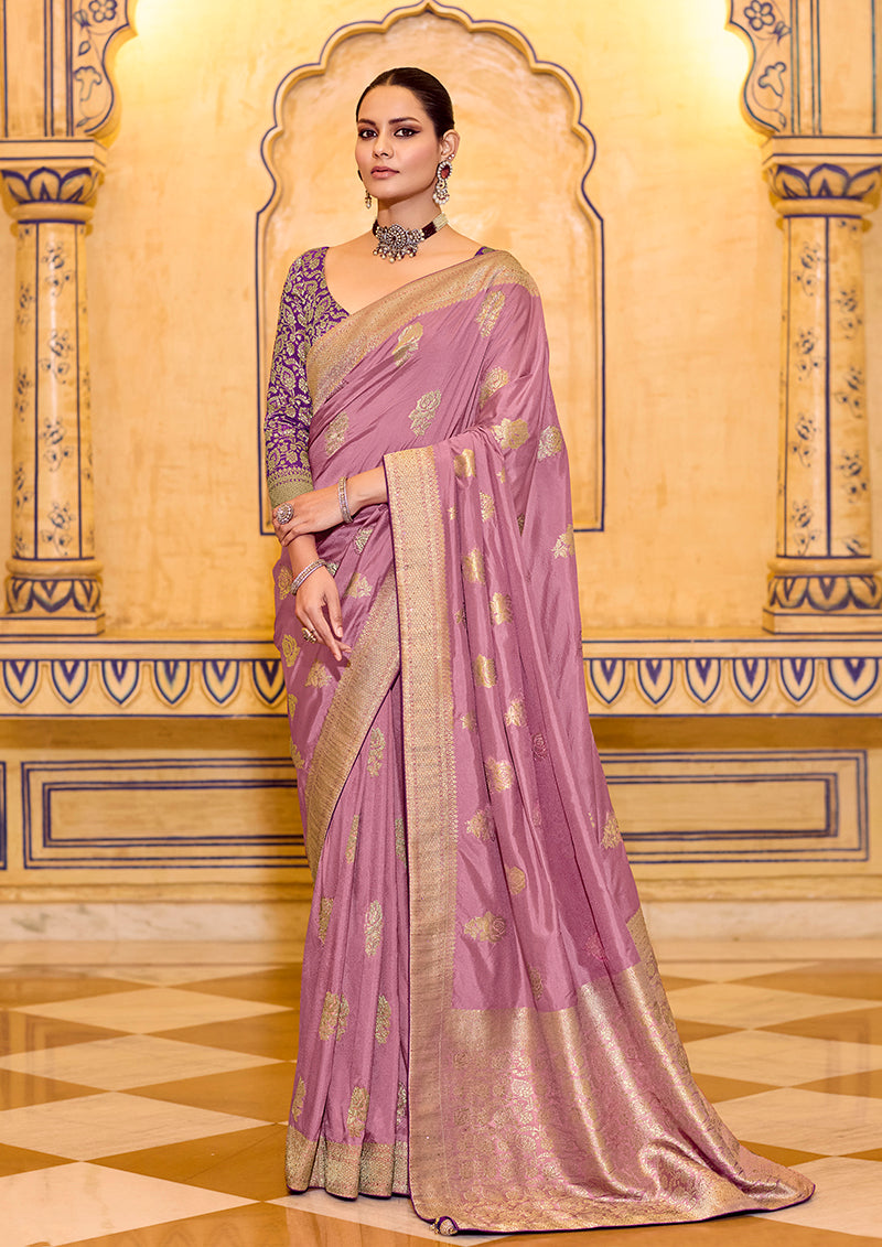 Onion Pink Crepe Silk with Zari Weaving Saree - Monjolika Fashion