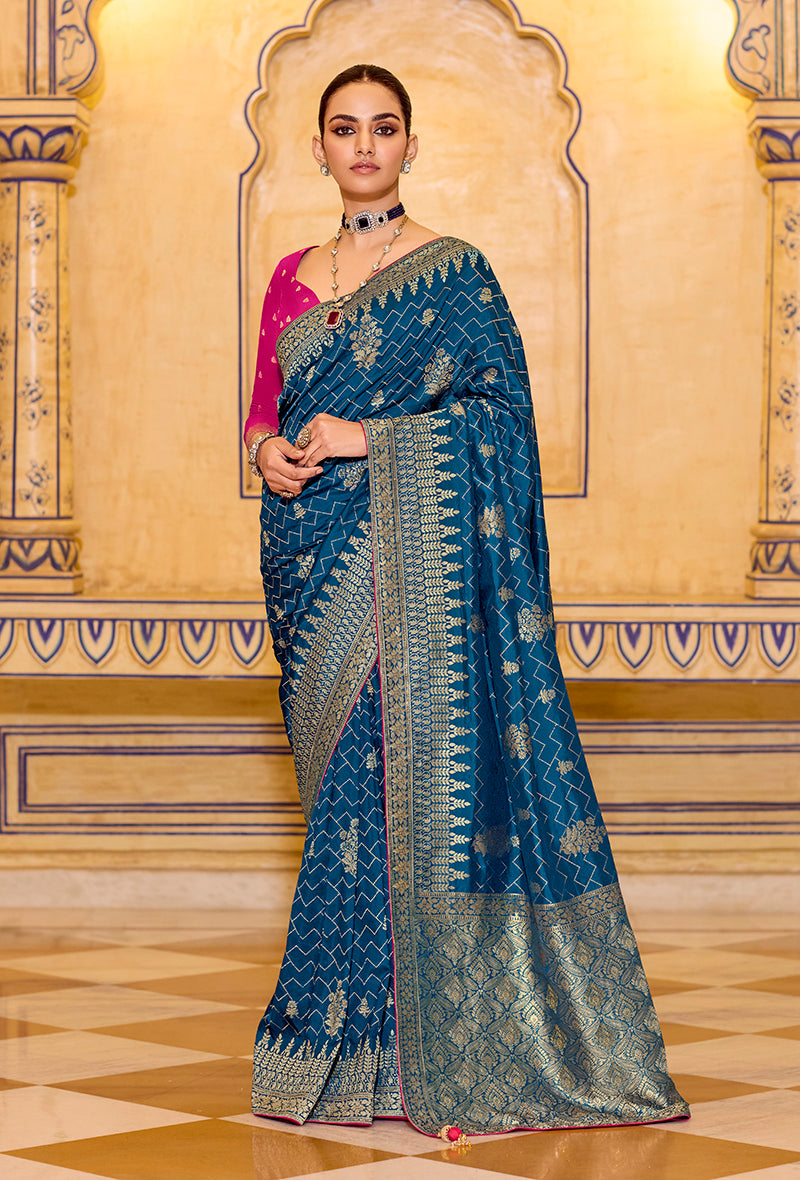 Teal blue Crepe Silk with Zari Weaving Saree - Monjolika Fashion