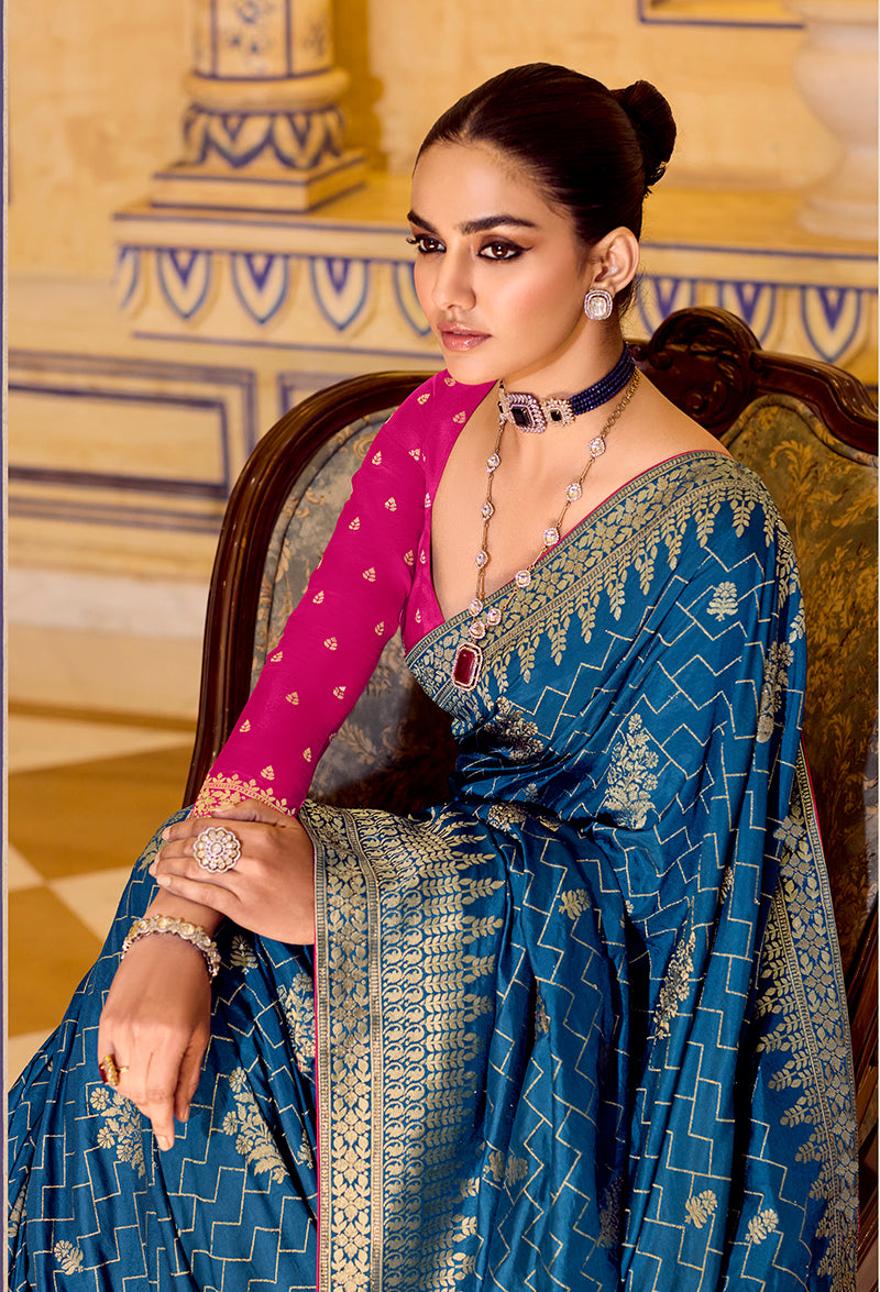 Teal blue Crepe Silk with Zari Weaving Saree - Monjolika Fashion