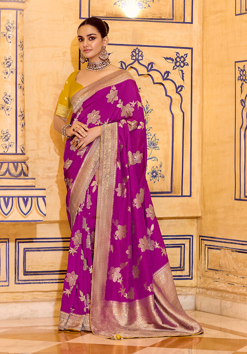 Magenta Crepe Silk with Zari Weaving Saree - Monjolika Fashion