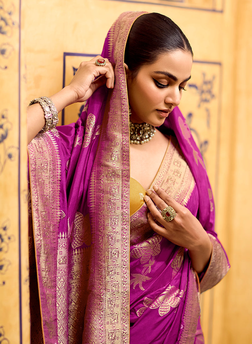 Magenta Crepe Silk with Zari Weaving Saree - Monjolika Fashion